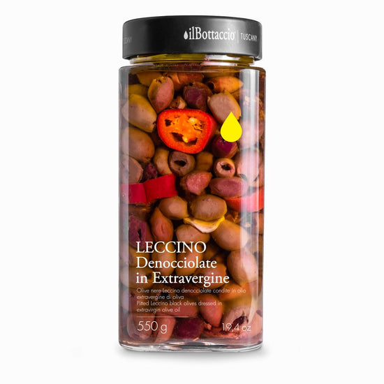 Pitted LECCINO black olives dressed in extra virgin olive oil | 550 gr